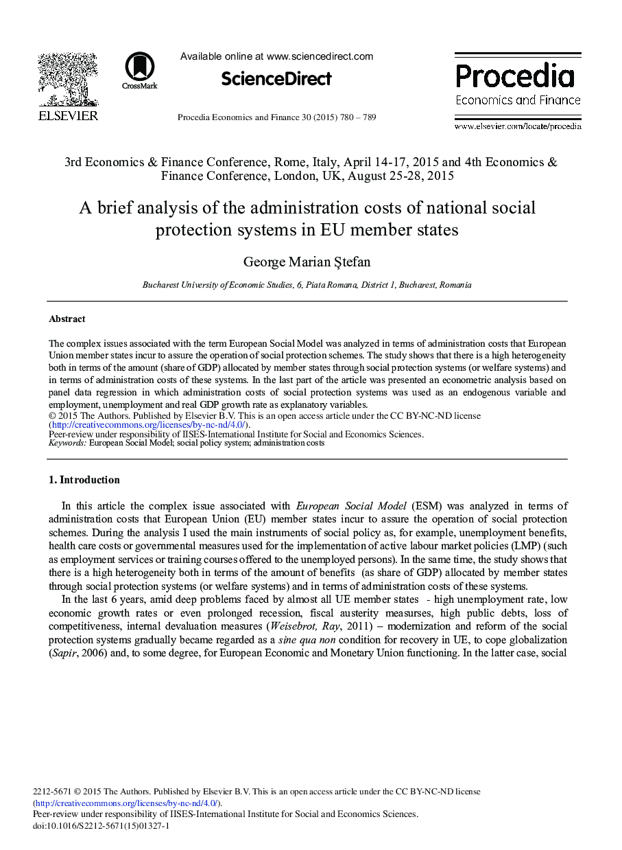 A Brief Analysis of the Administration Costs of National Social Protection Systems in EU Member States 