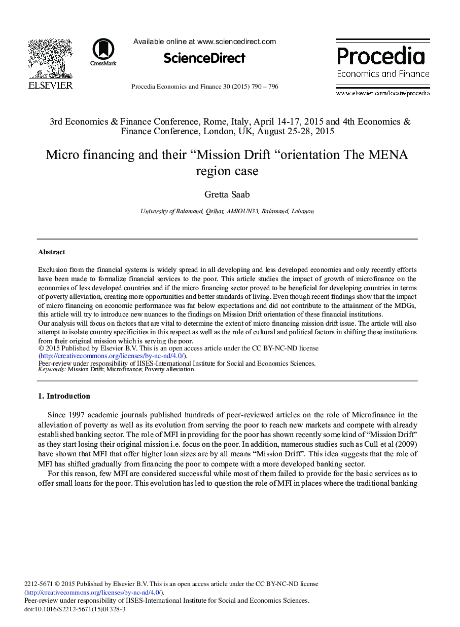 Micro Financing and Their “Mission Drift” Orientation The MENA Region Case 