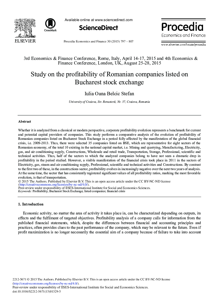 Study on the Profitability of Romanian Companies Listed on Bucharest Stock Exchange 