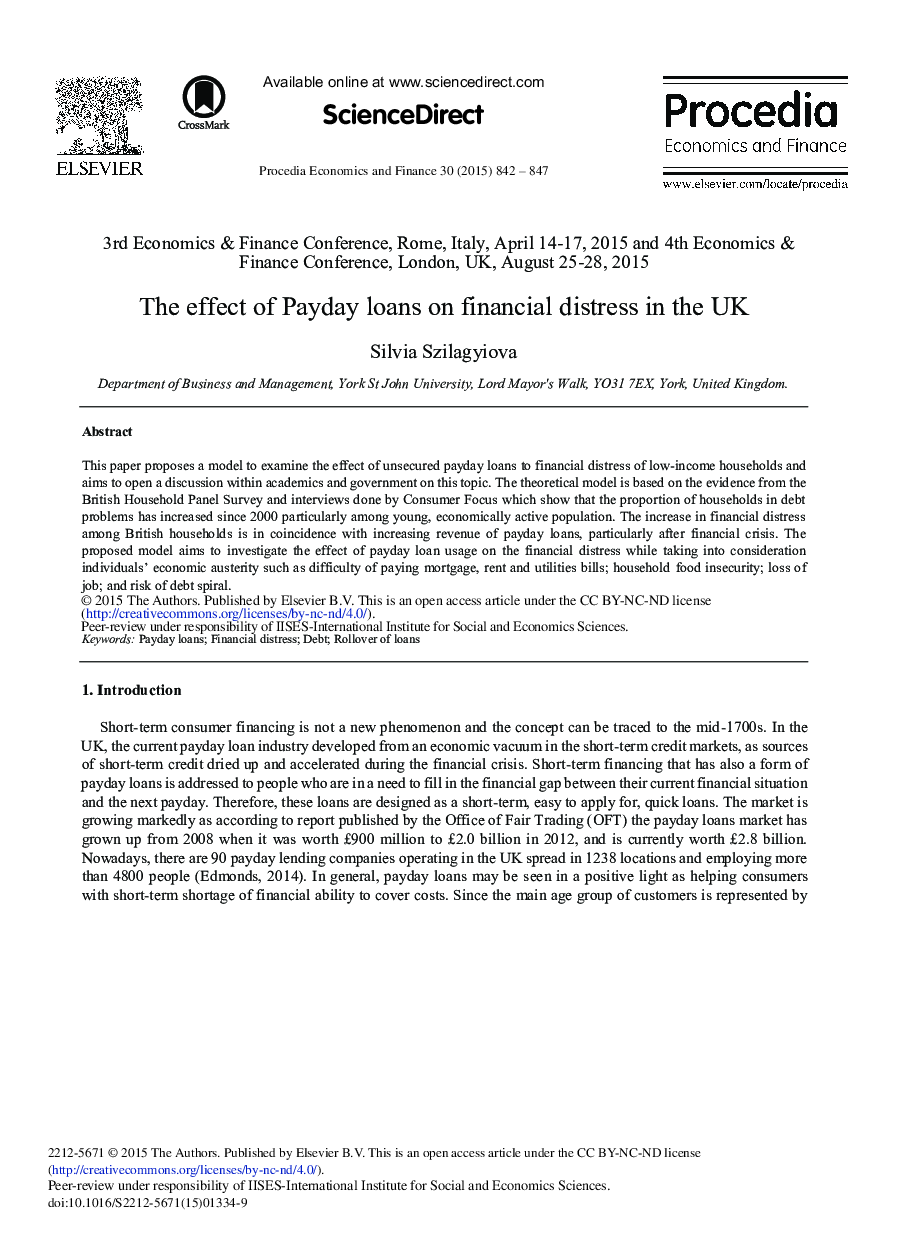 The Effect of Payday Loans on Financial Distress in the UK 