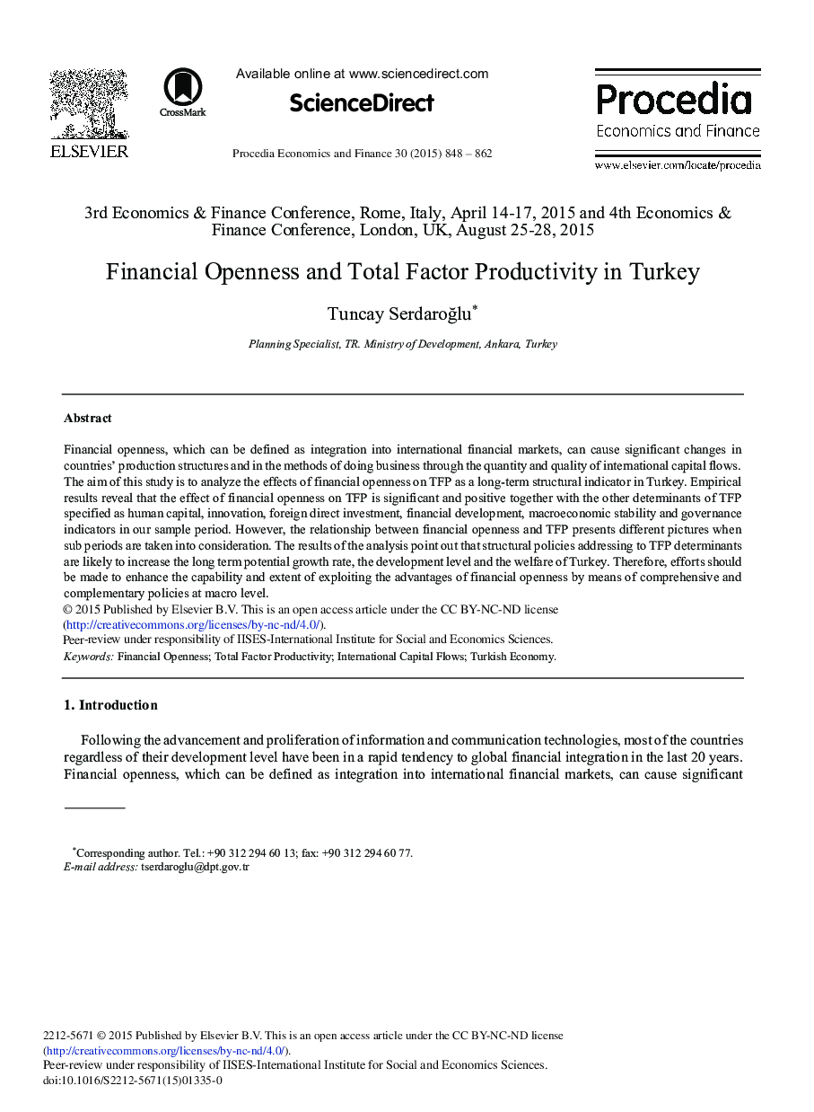 Financial Openness and Total Factor Productivity in Turkey 