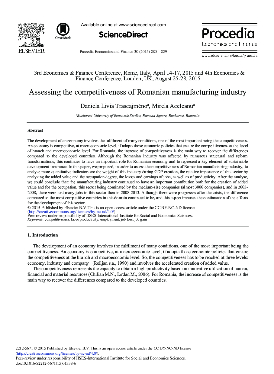 Assessing the Competitiveness of Romanian Manufacturing Industry 
