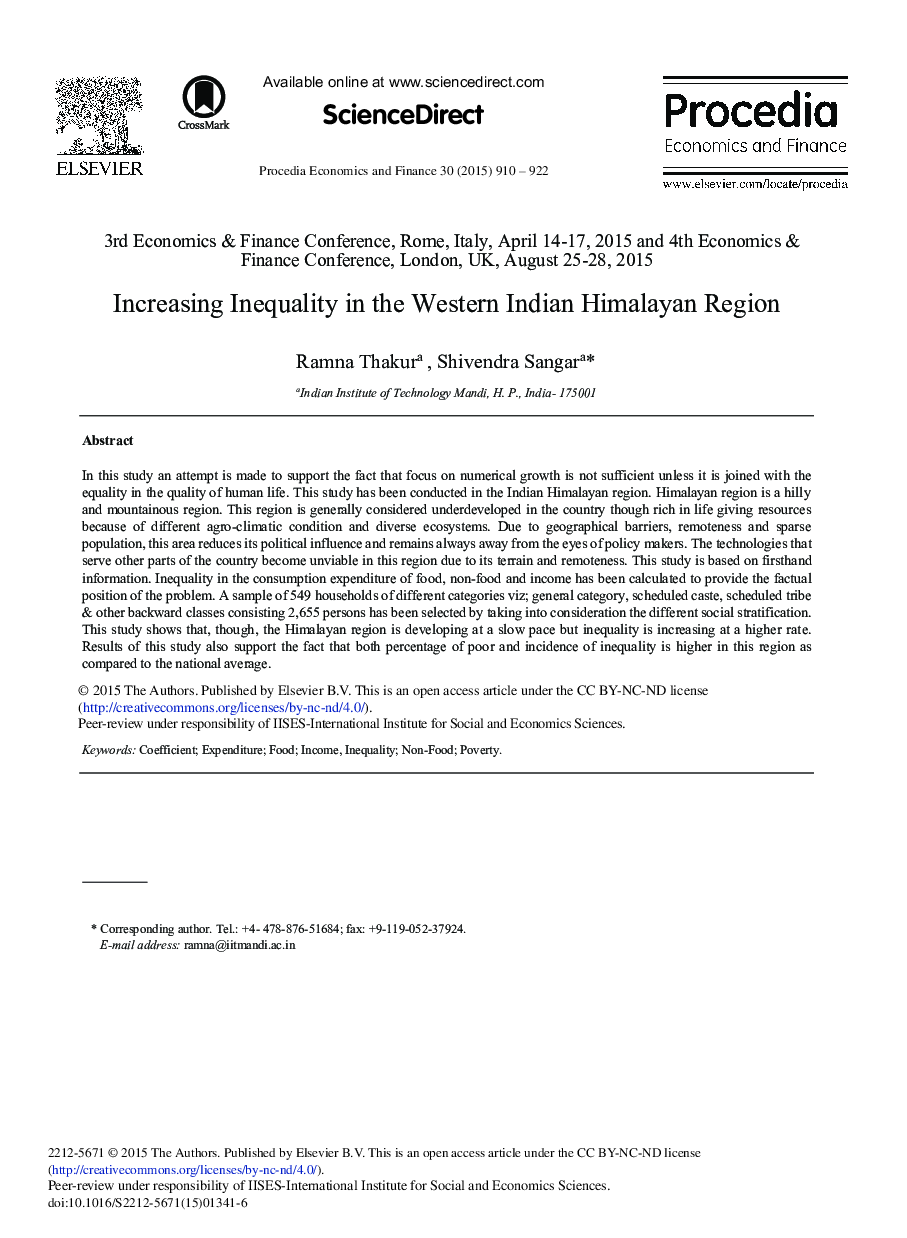 Increasing Inequality in the Western Indian Himalayan Region 