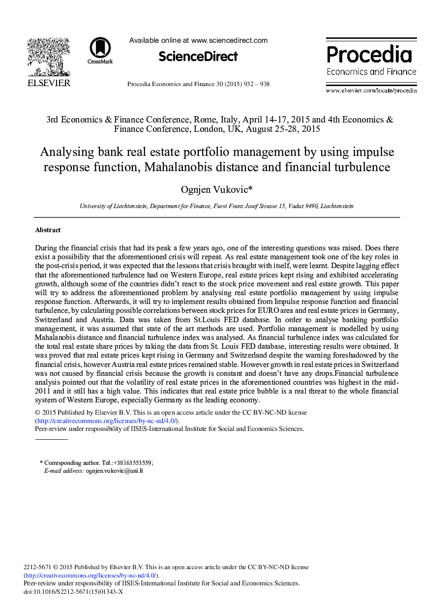 Analysing Bank Real Estate Portfolio Management by Using Impulse Response Function, Mahalanobis Distance and Financial Turbulence 