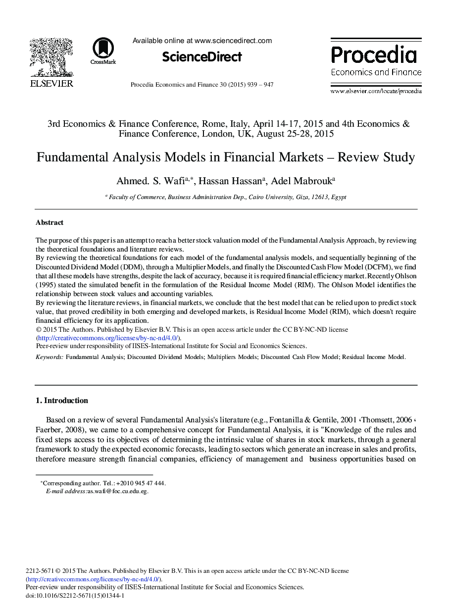 Fundamental Analysis Models in Financial Markets – Review Study 