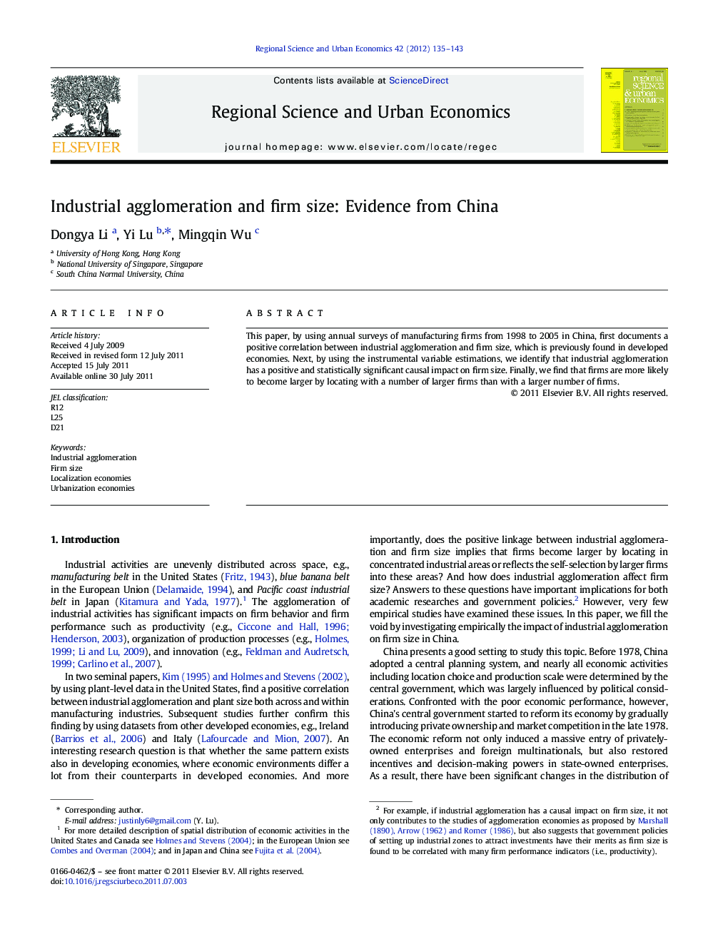 Industrial agglomeration and firm size: Evidence from China
