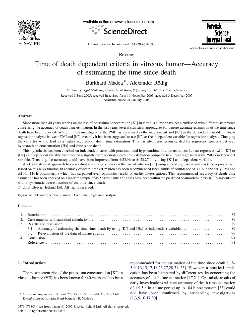 Time of death dependent criteria in vitreous humor—Accuracy of estimating the time since death