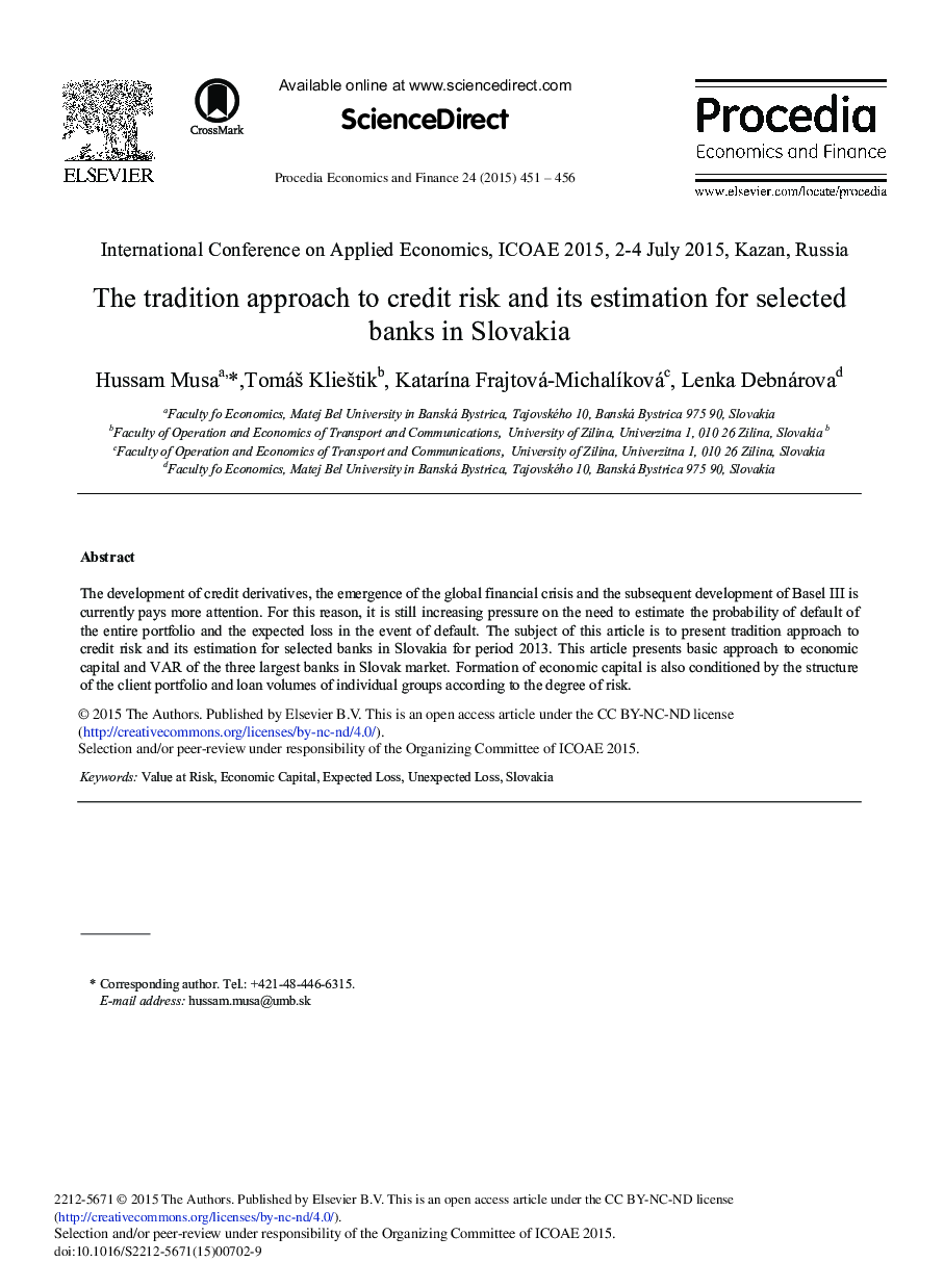 The Tradition Approach to Credit Risk and its Estimation for Selected Banks in Slovakia 