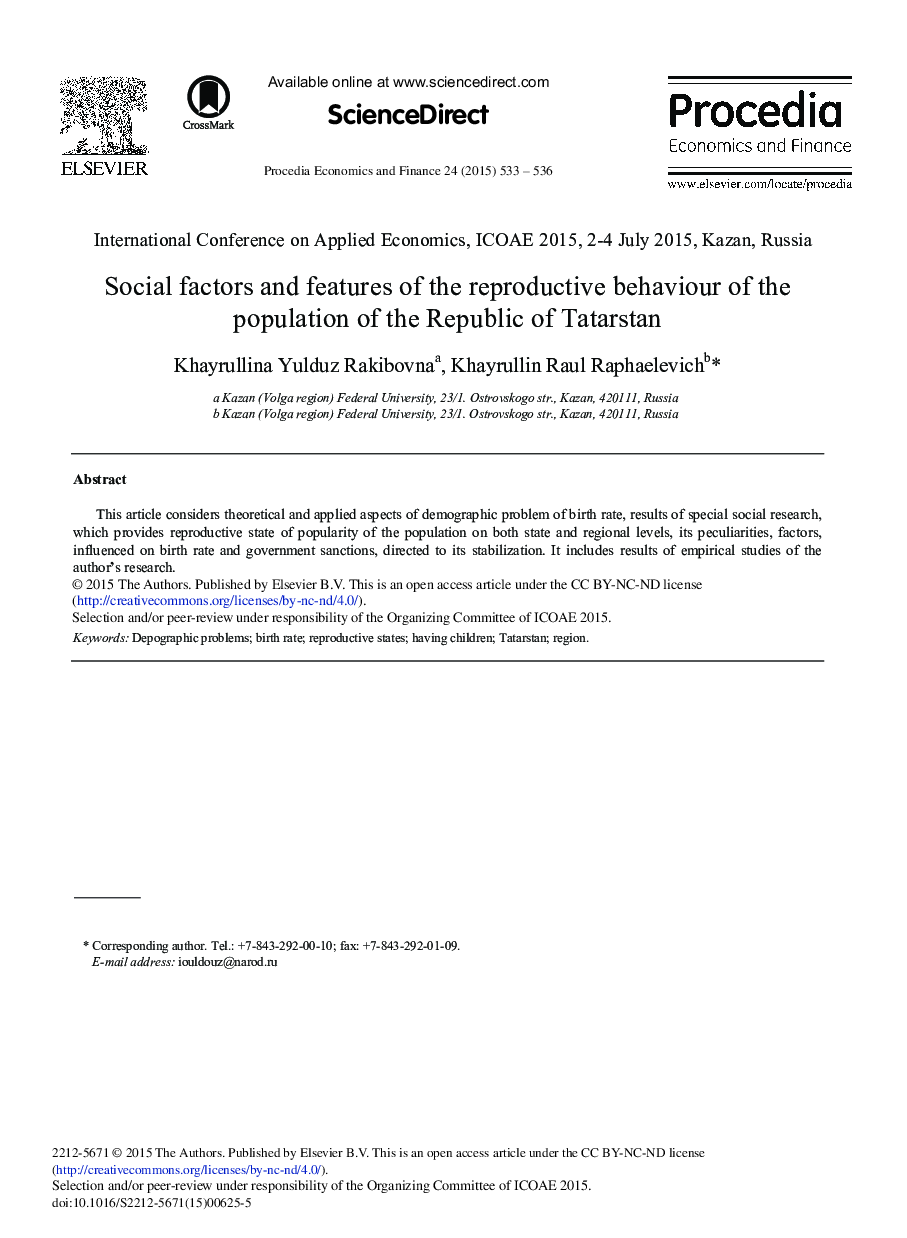 Social Factors and Features of the Reproductive Behaviour of the Population of the Republic of Tatarstan 