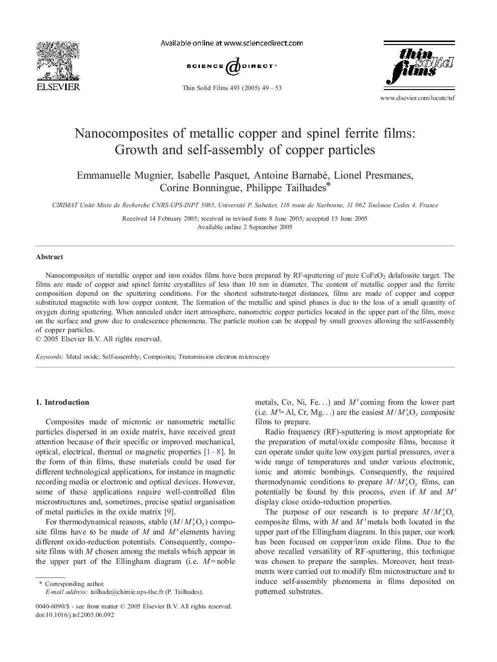 Nanocomposites of metallic copper and spinel ferrite films: Growth and self-assembly of copper particles