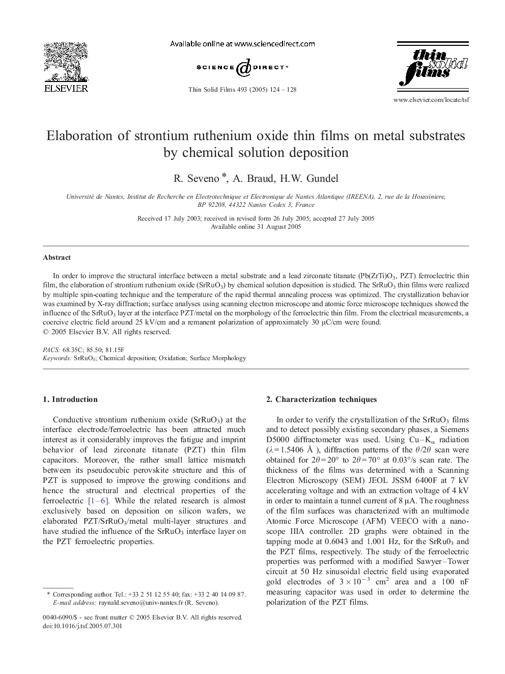 Elaboration of strontium ruthenium oxide thin films on metal substrates by chemical solution deposition