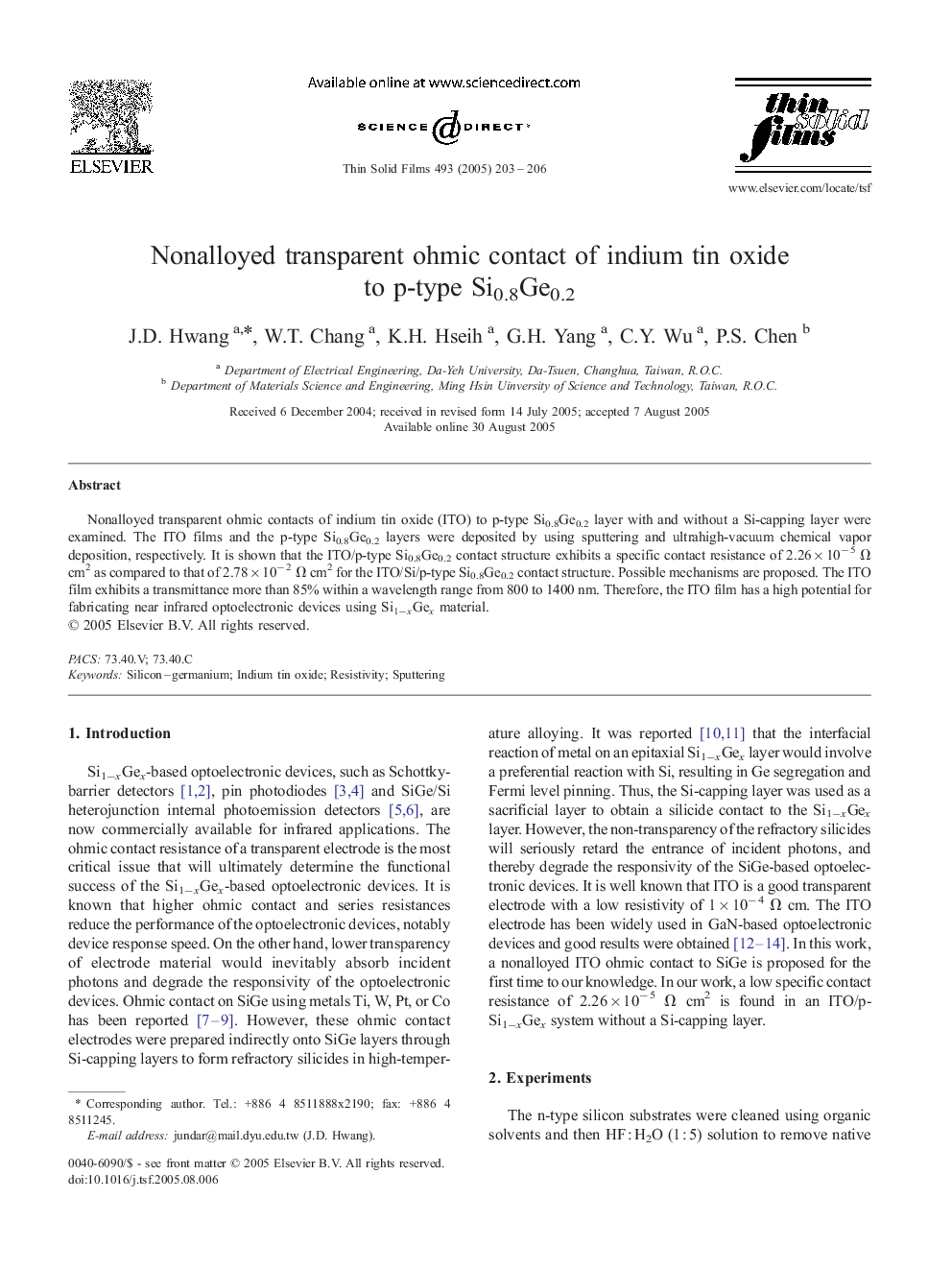 Nonalloyed transparent ohmic contact of indium tin oxide to p-type Si0.8Ge0.2