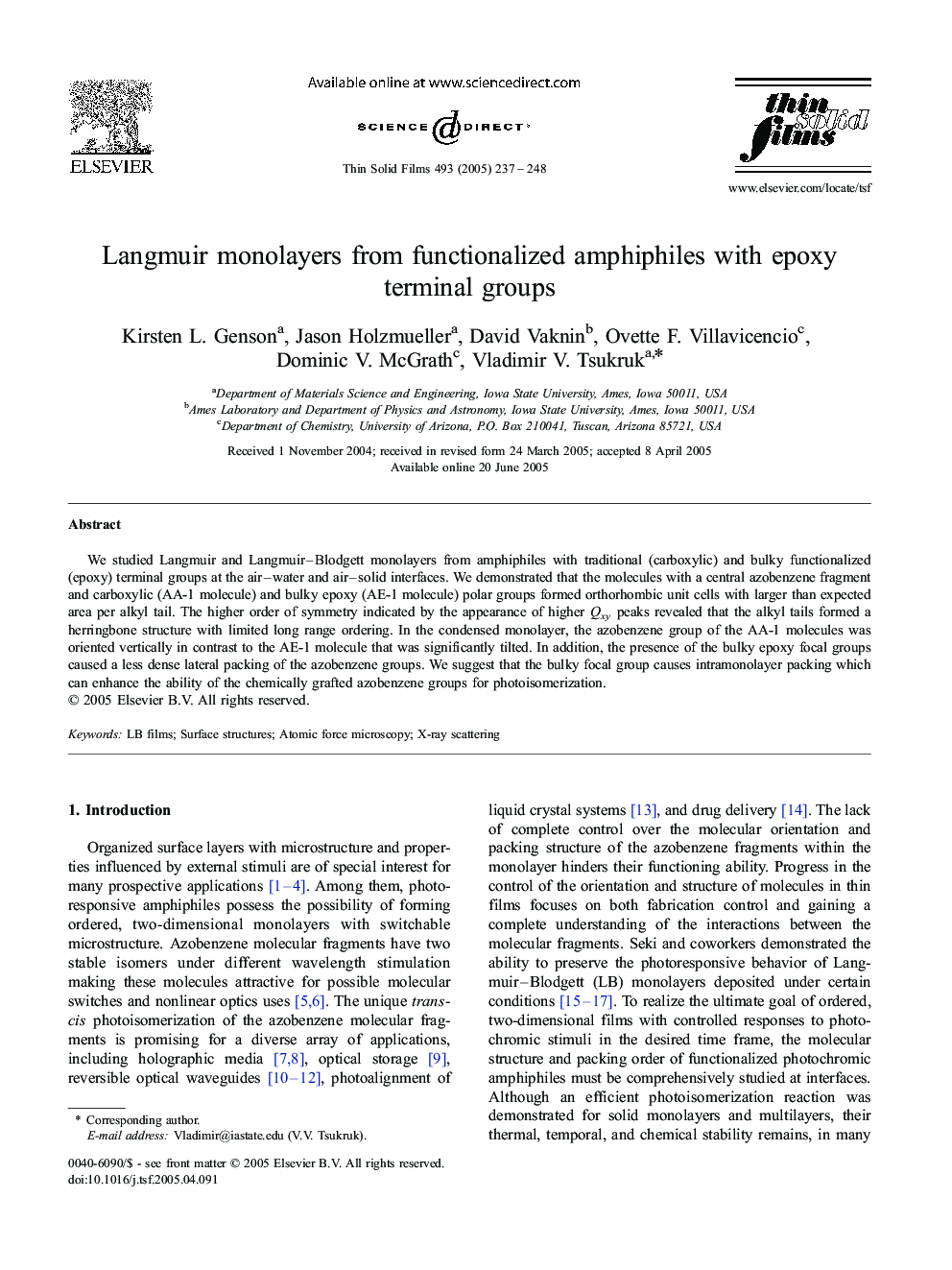 Langmuir monolayers from functionalized amphiphiles with epoxy terminal groups