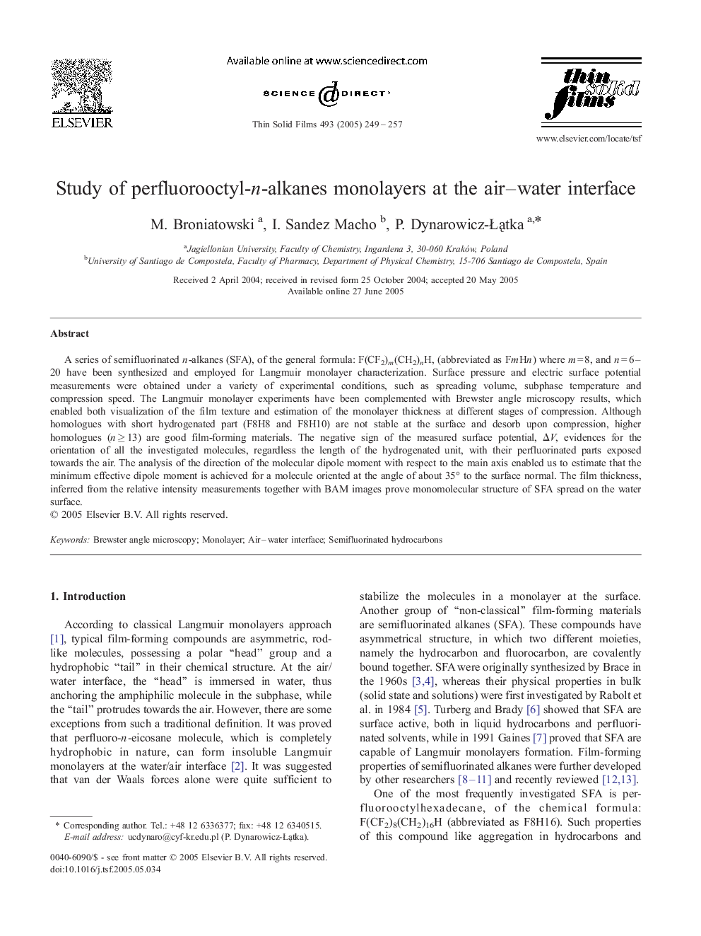 Study of perfluorooctyl-n-alkanes monolayers at the air-water interface