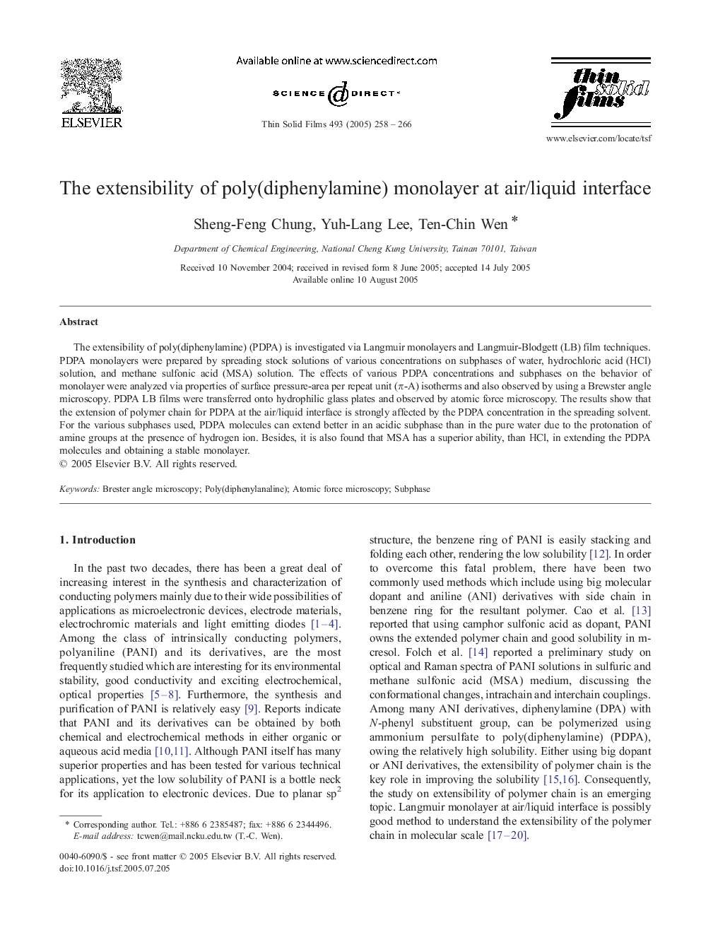 The extensibility of poly(diphenylamine) monolayer at air/liquid interface