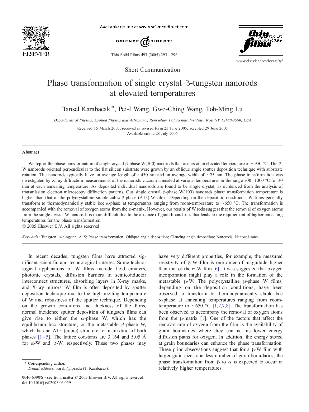 Phase transformation of single crystal Î²-tungsten nanorods at elevated temperatures