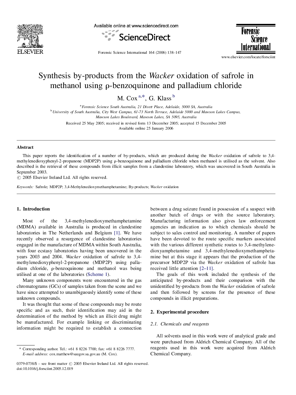 Synthesis by-products from the Wacker oxidation of safrole in methanol using ρ-benzoquinone and palladium chloride