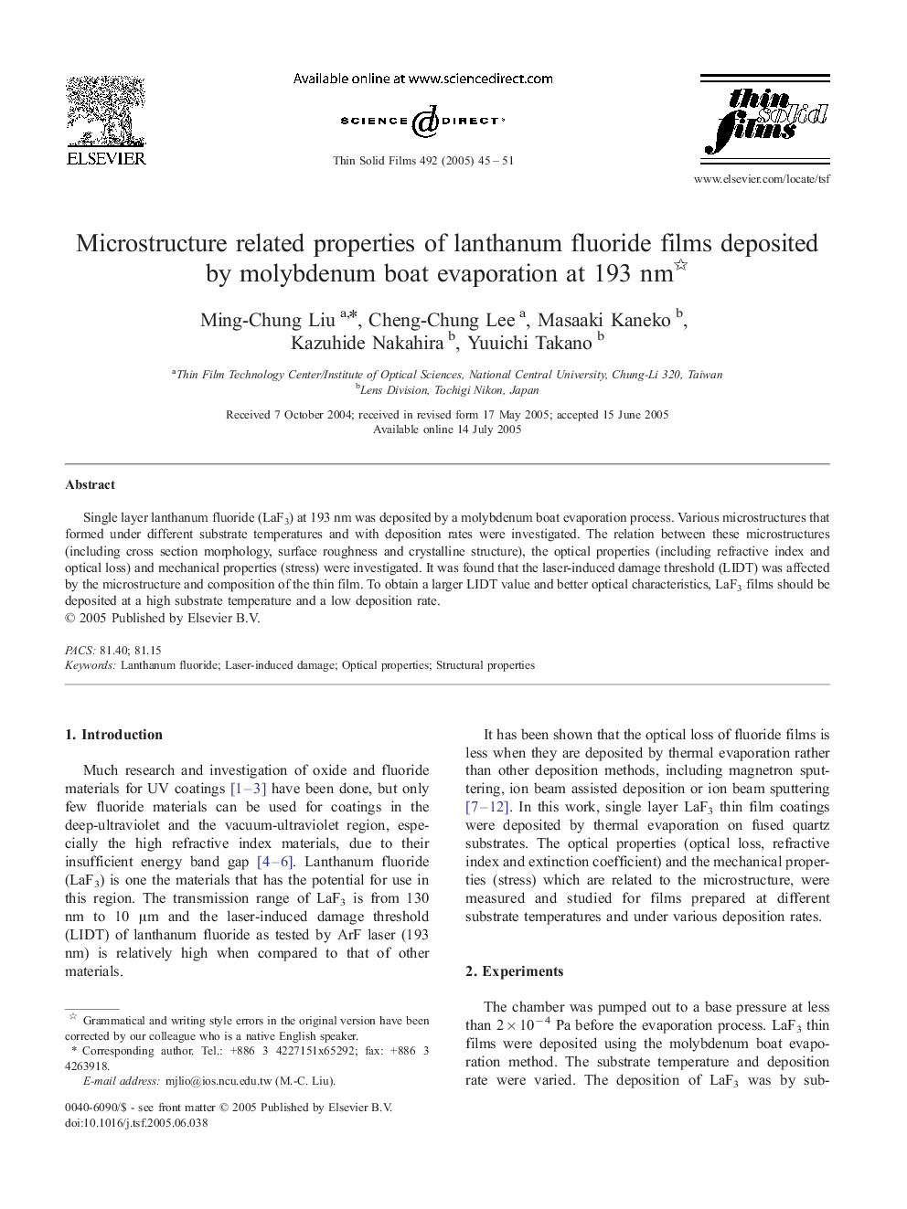 Microstructure related properties of lanthanum fluoride films deposited by molybdenum boat evaporation at 193 nm