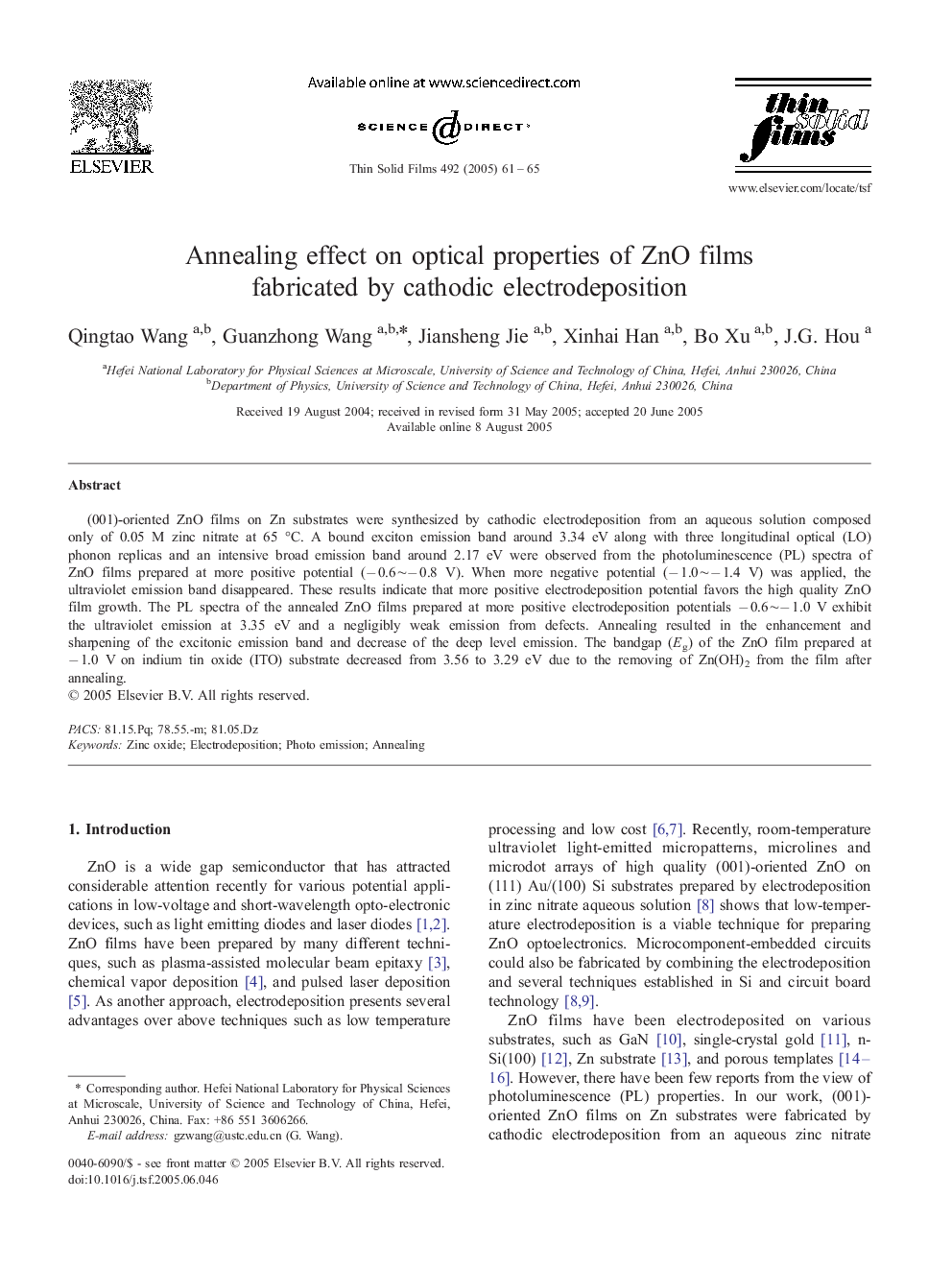 Annealing effect on optical properties of ZnO films fabricated by cathodic electrodeposition