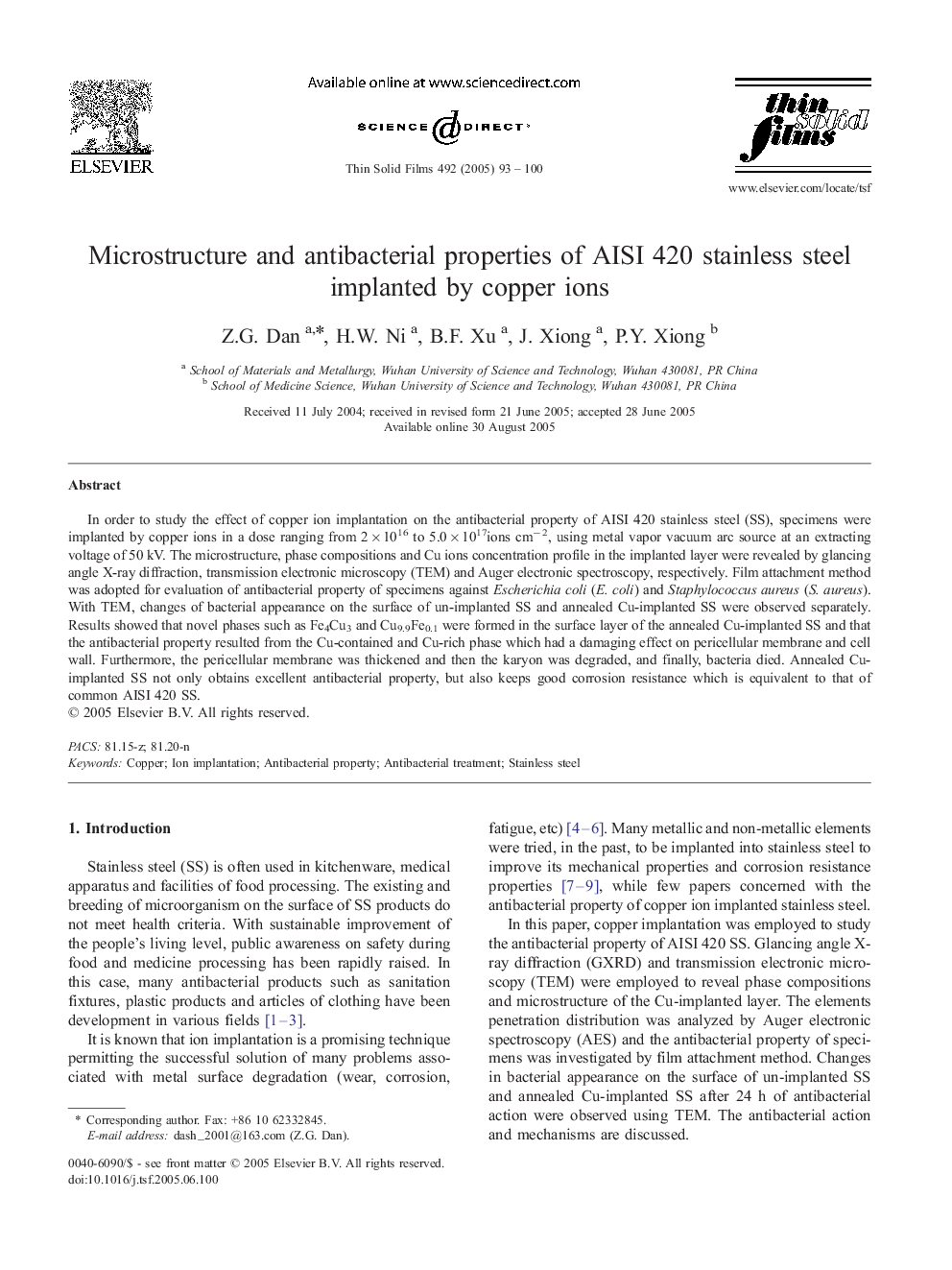 Microstructure and antibacterial properties of AISI 420 stainless steel implanted by copper ions