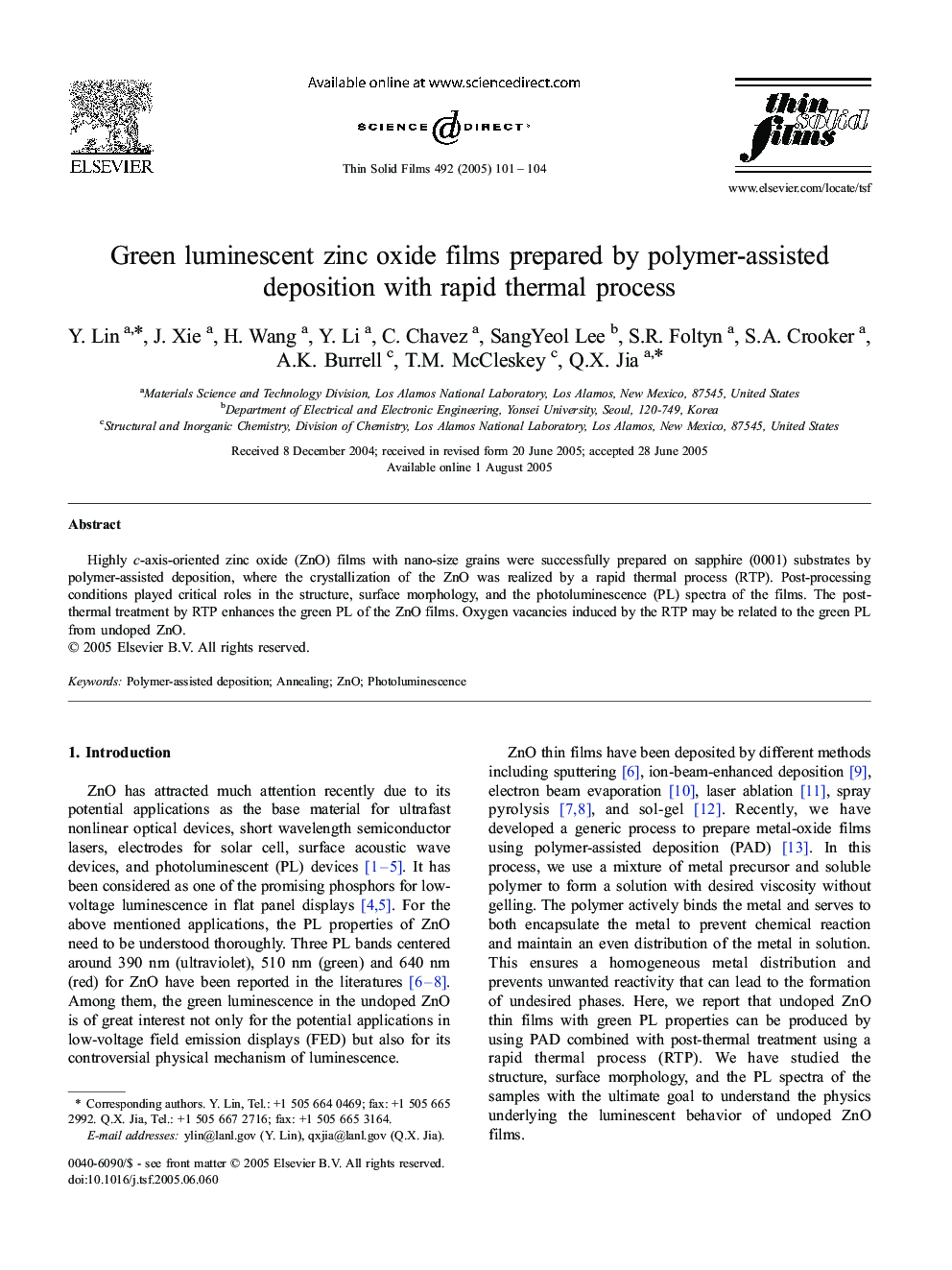 Green luminescent zinc oxide films prepared by polymer-assisted deposition with rapid thermal process