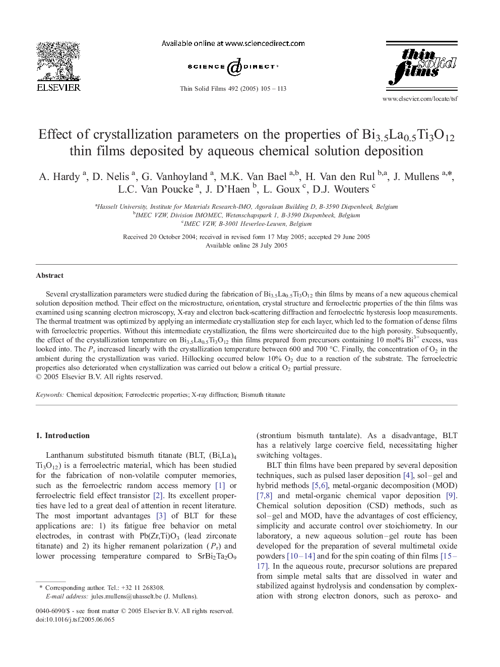 Effect of crystallization parameters on the properties of Bi3.5La0.5Ti3O12 thin films deposited by aqueous chemical solution deposition