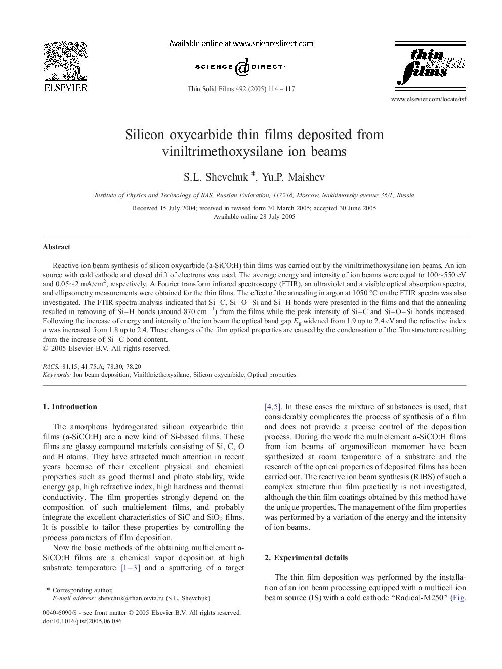 Silicon oxycarbide thin films deposited from viniltrimethoxysilane ion beams