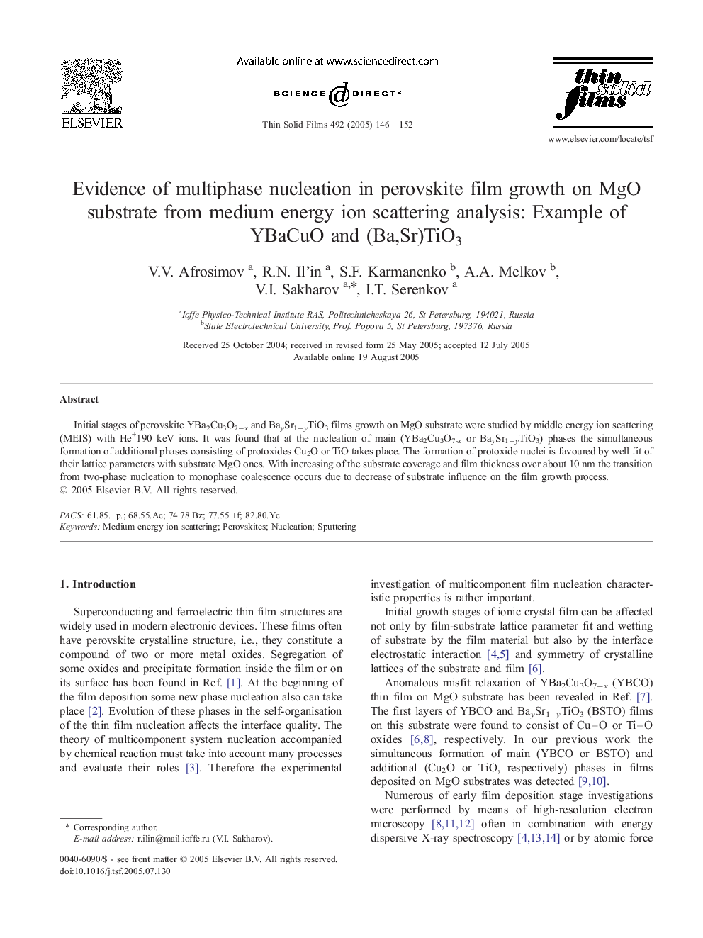 Evidence of multiphase nucleation in perovskite film growth on MgO substrate from medium energy ion scattering analysis: Example of YBaCuO and (Ba,Sr)TiO3