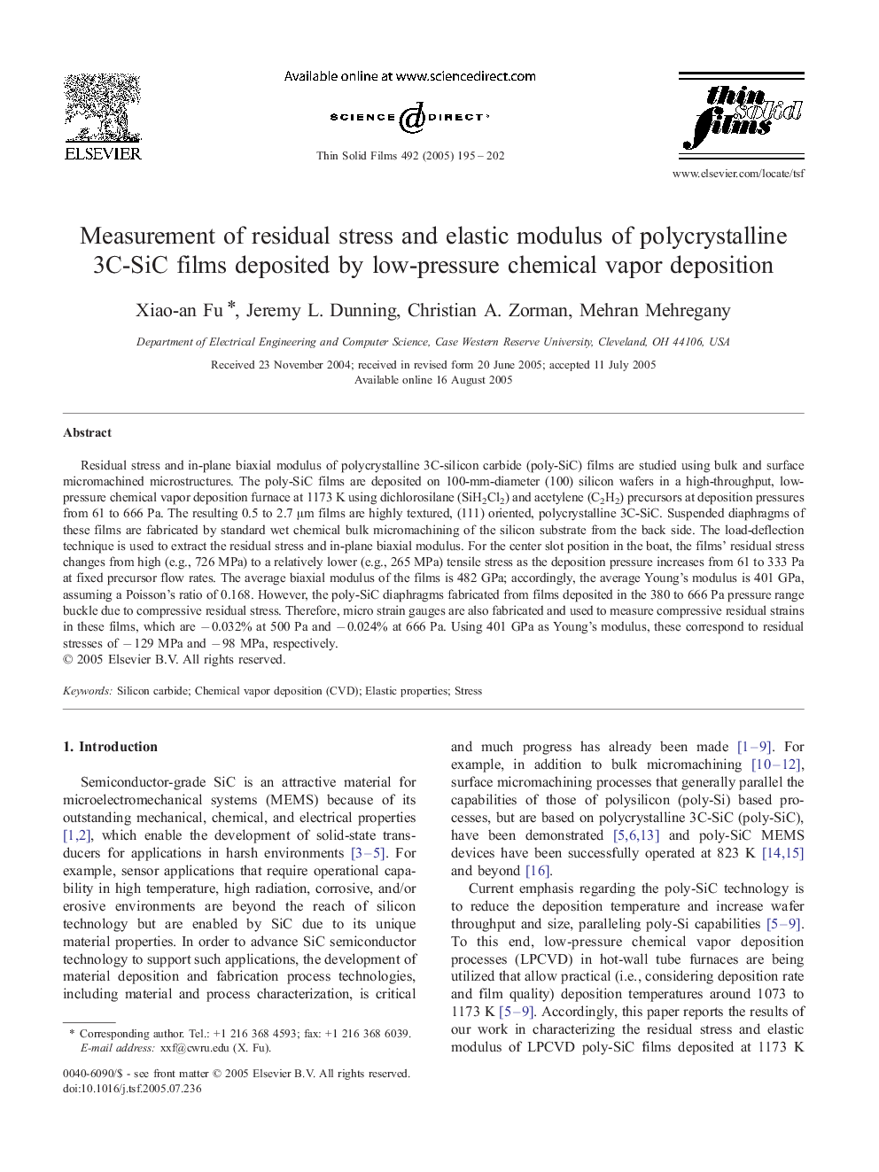 Measurement of residual stress and elastic modulus of polycrystalline 3C-SiC films deposited by low-pressure chemical vapor deposition