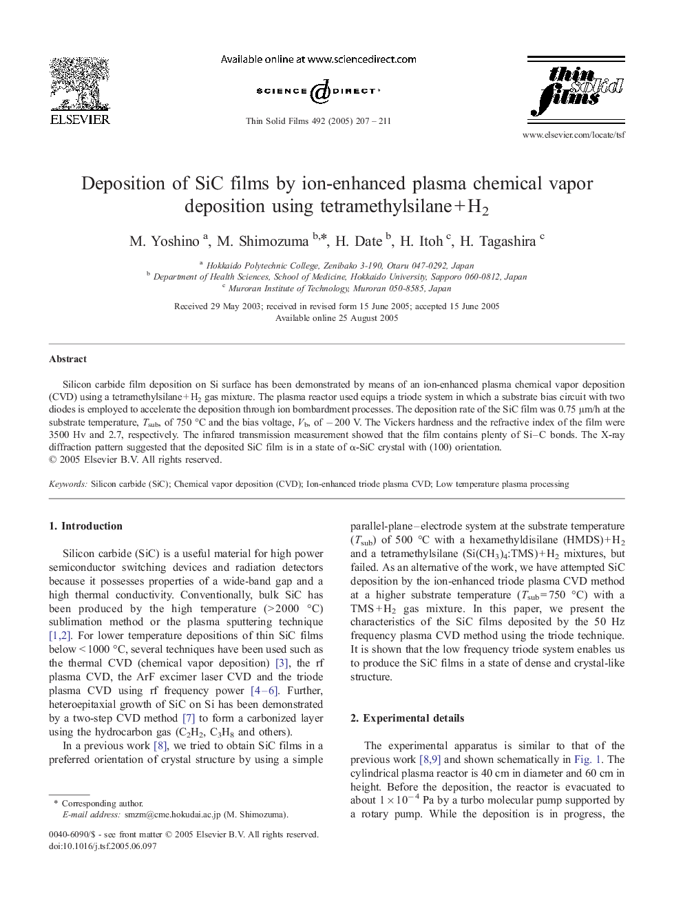 Deposition of SiC films by ion-enhanced plasma chemical vapor deposition using tetramethylsilaneÂ +Â H2