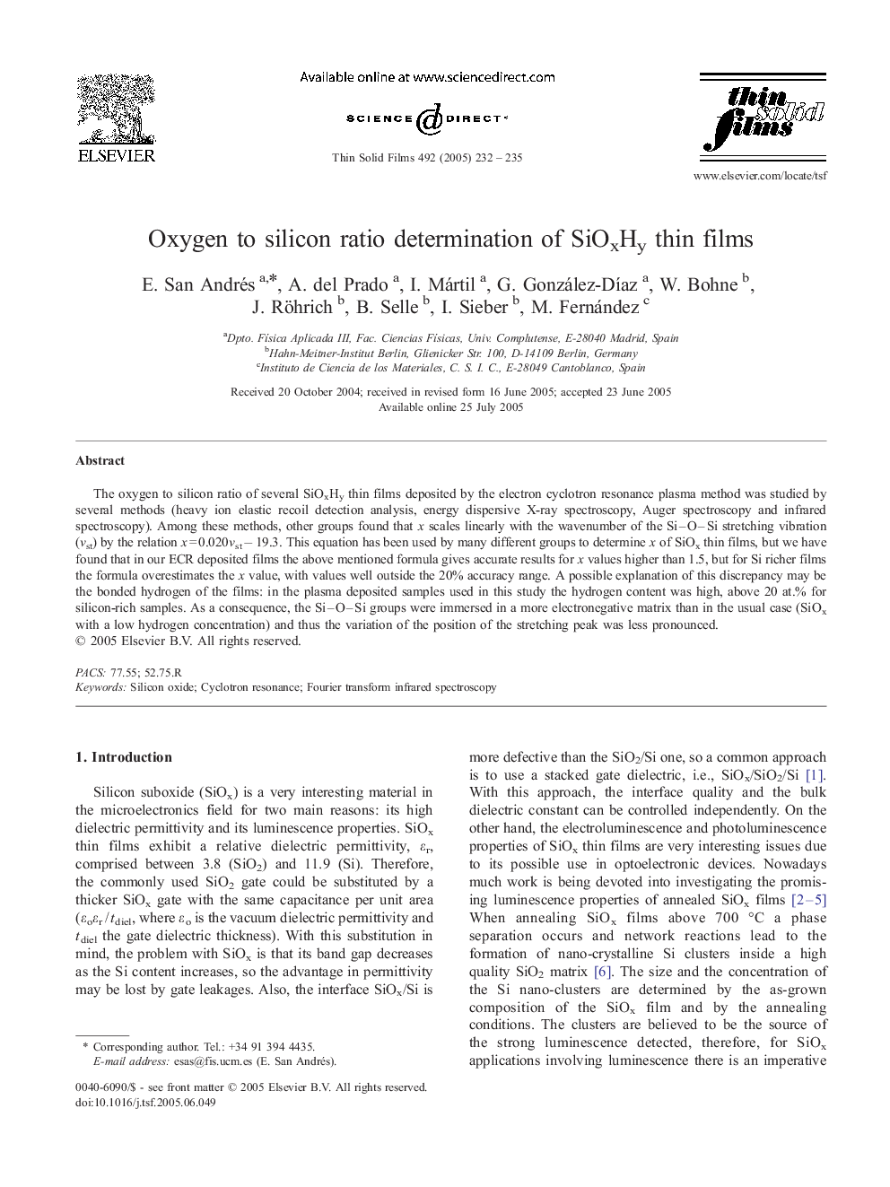 Oxygen to silicon ratio determination of SiOxHy thin films