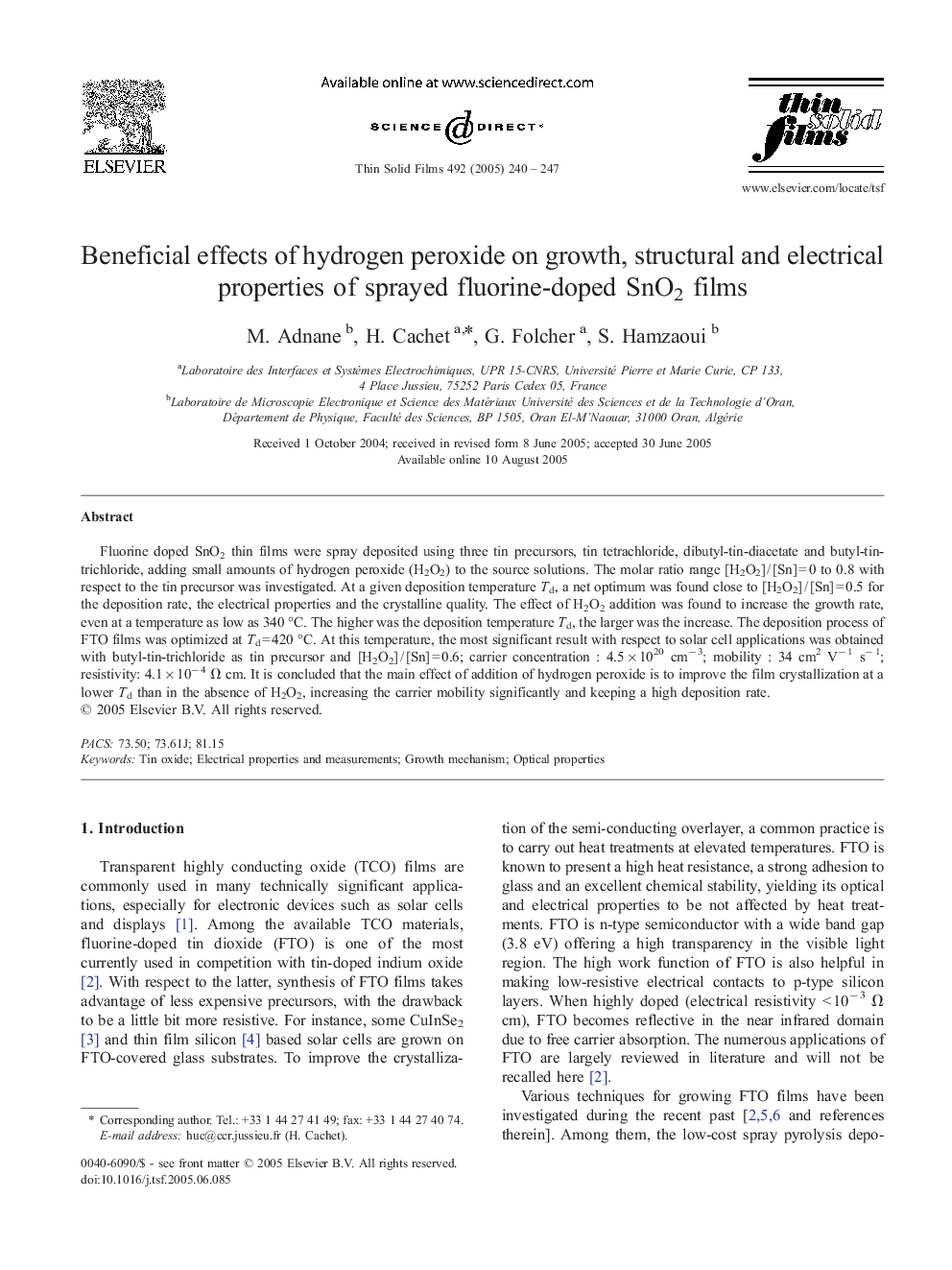 Beneficial effects of hydrogen peroxide on growth, structural and electrical properties of sprayed fluorine-doped SnO2 films