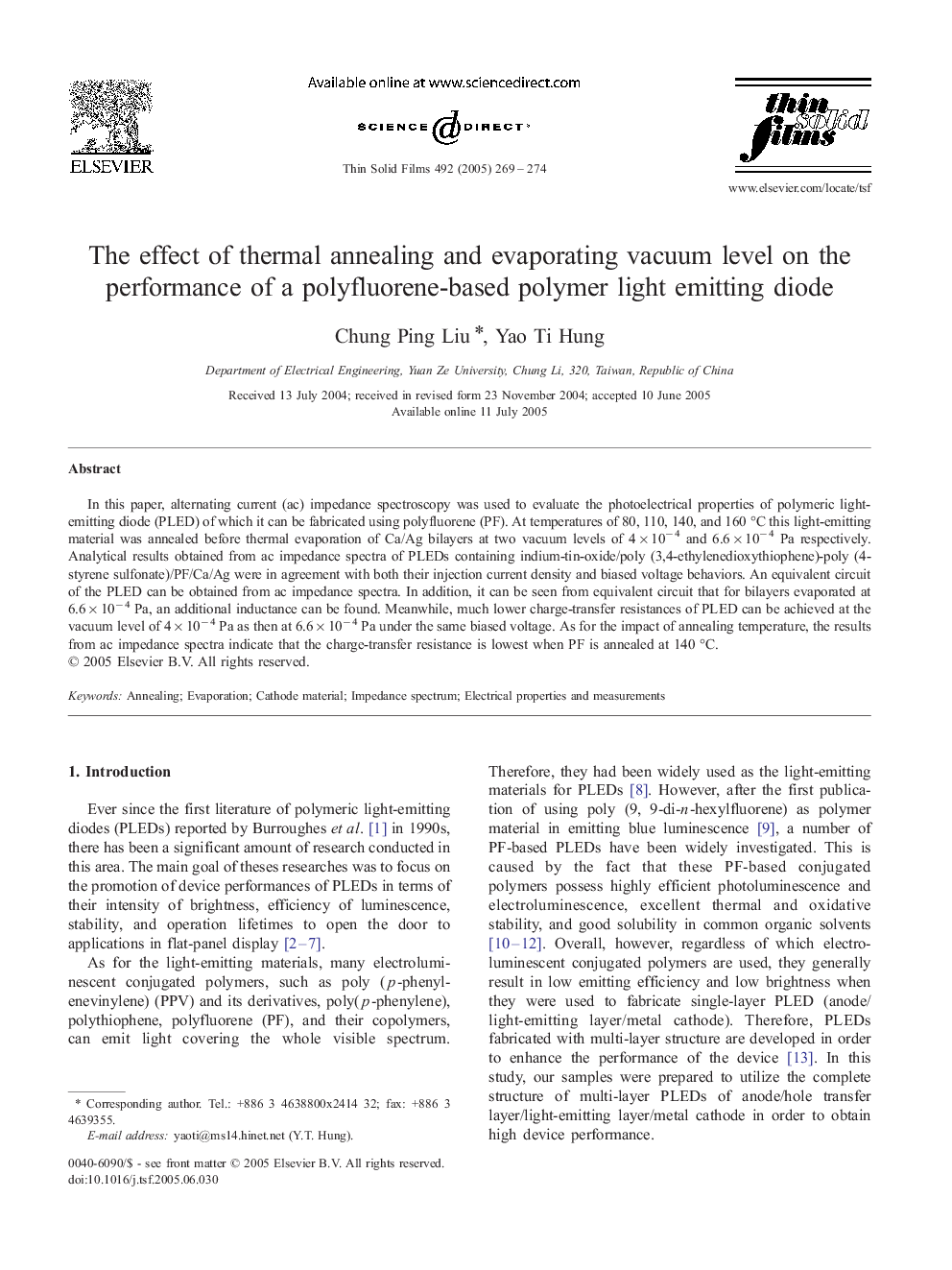The effect of thermal annealing and evaporating vacuum level on the performance of a polyfluorene-based polymer light emitting diode