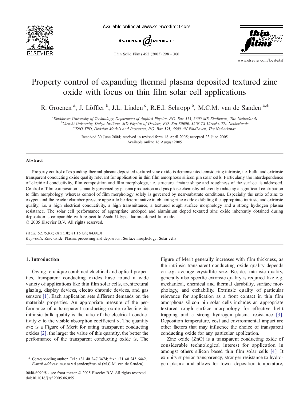 Property control of expanding thermal plasma deposited textured zinc oxide with focus on thin film solar cell applications