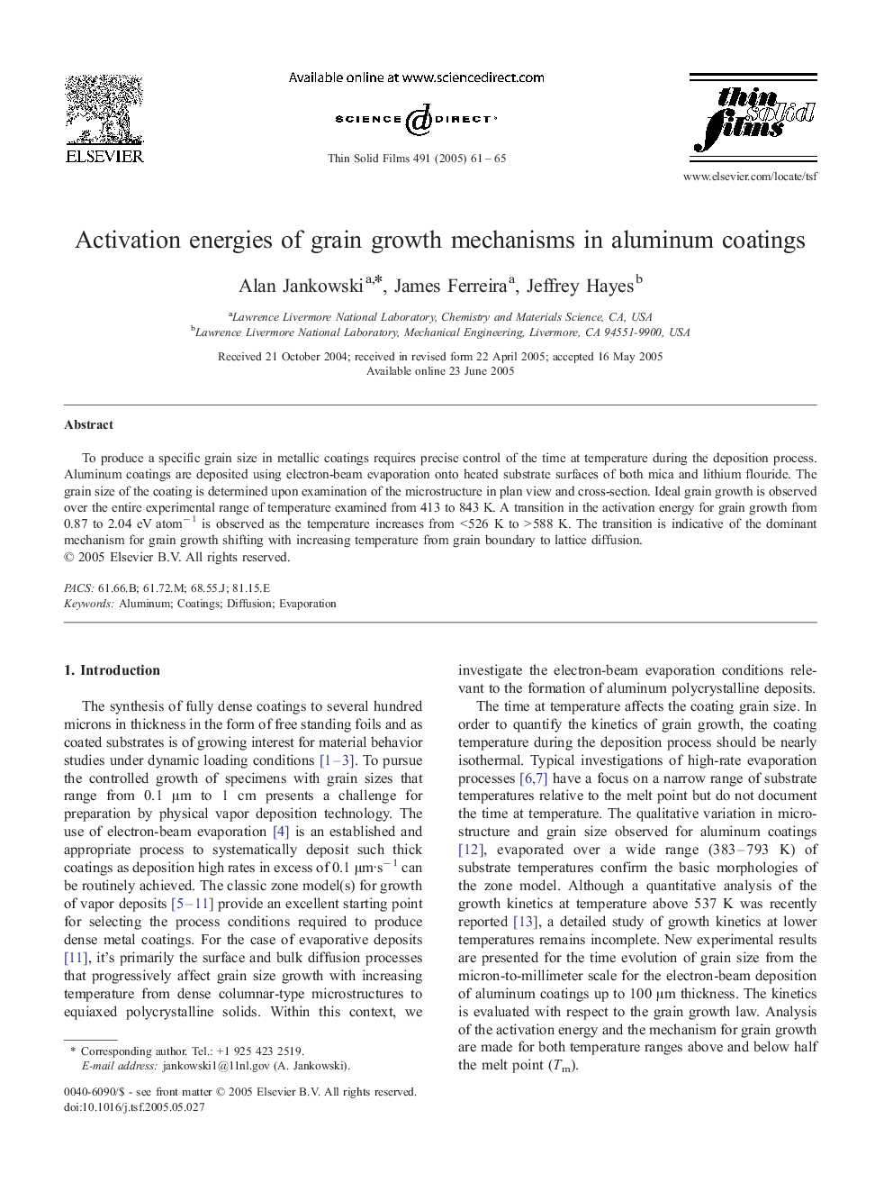 Activation energies of grain growth mechanisms in aluminum coatings