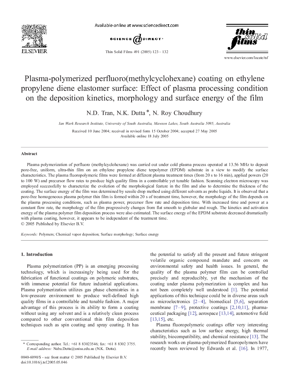 Plasma-polymerized perfluoro(methylcyclohexane) coating on ethylene propylene diene elastomer surface: Effect of plasma processing condition on the deposition kinetics, morphology and surface energy of the film