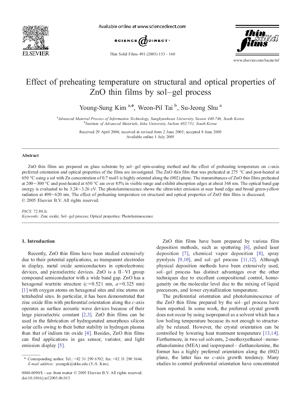 Effect of preheating temperature on structural and optical properties of ZnO thin films by sol-gel process