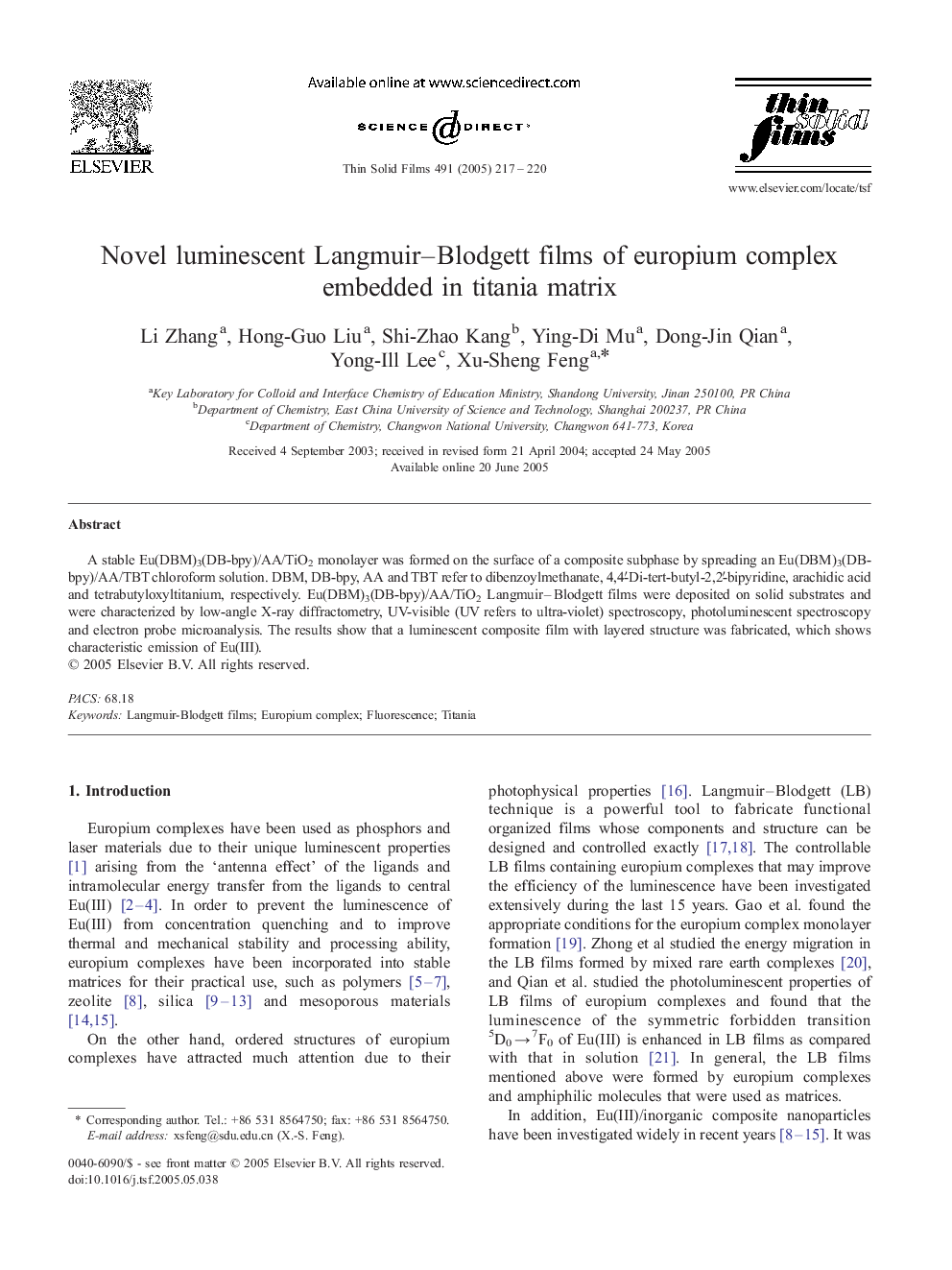 عکس صفحه اول مقاله: Novel luminescent Langmuir-Blodgett films of europium complex embedded in titania matrix Novel luminescent Langmuir-Blodgett films of europium complex embedded in titania matrix