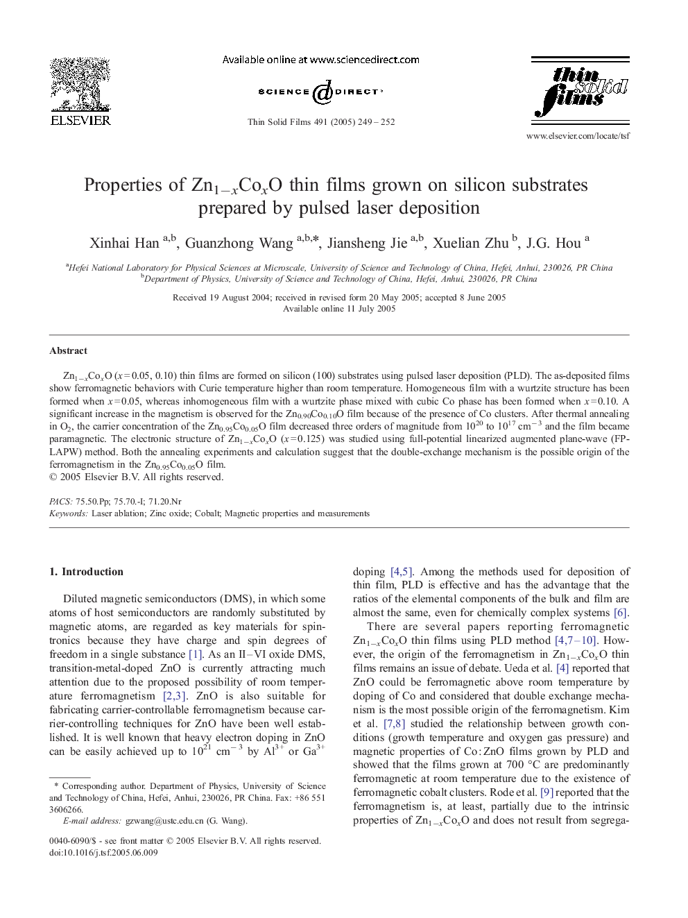 Properties of Zn1âxCoxO thin films grown on silicon substrates prepared by pulsed laser deposition