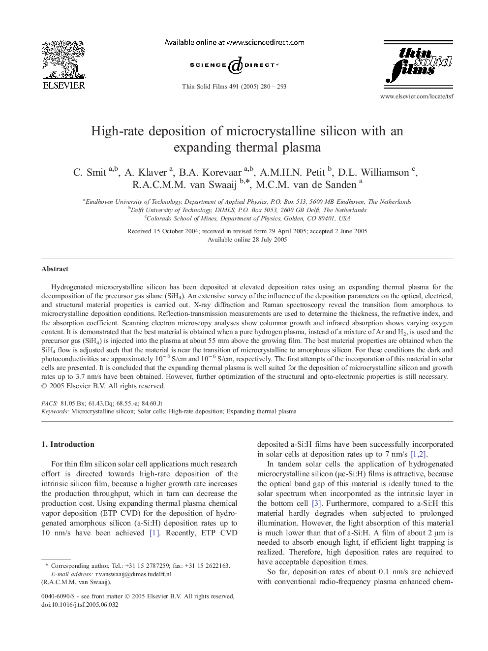 High-rate deposition of microcrystalline silicon with an expanding thermal plasma