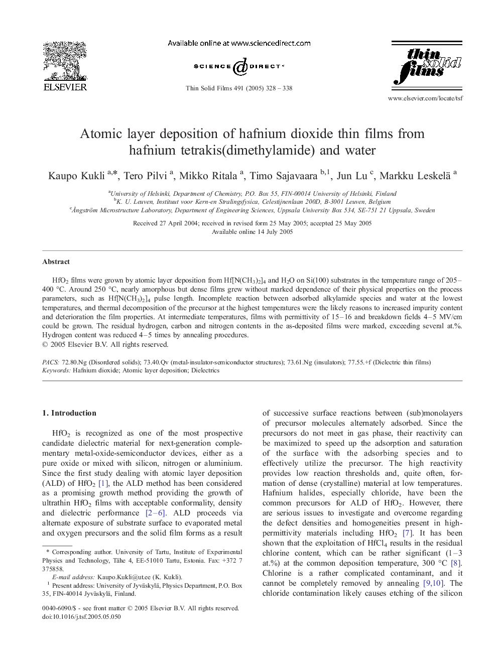 Atomic layer deposition of hafnium dioxide thin films from hafnium tetrakis(dimethylamide) and water