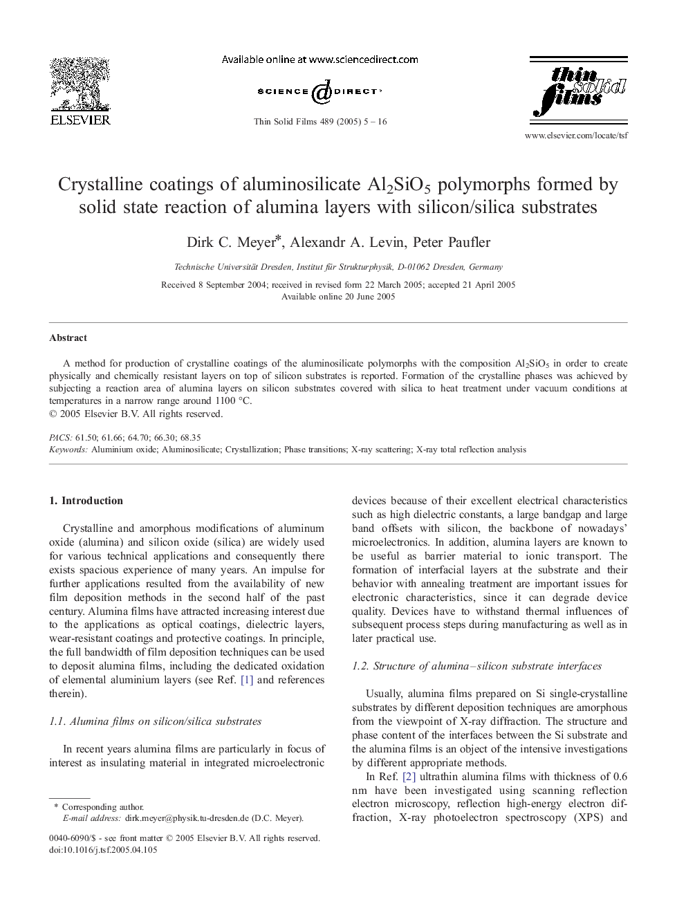 Crystalline coatings of aluminosilicate Al2SiO5 polymorphs formed by solid state reaction of alumina layers with silicon/silica substrates