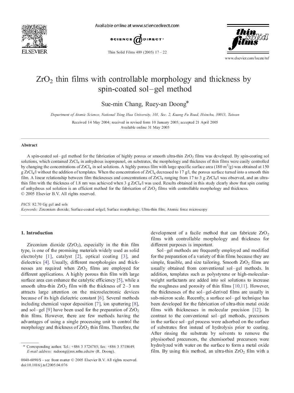 ZrO2 thin films with controllable morphology and thickness by spin-coated sol-gel method