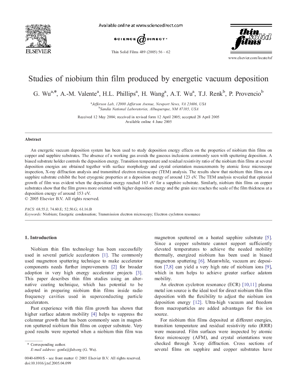 Studies of niobium thin film produced by energetic vacuum deposition