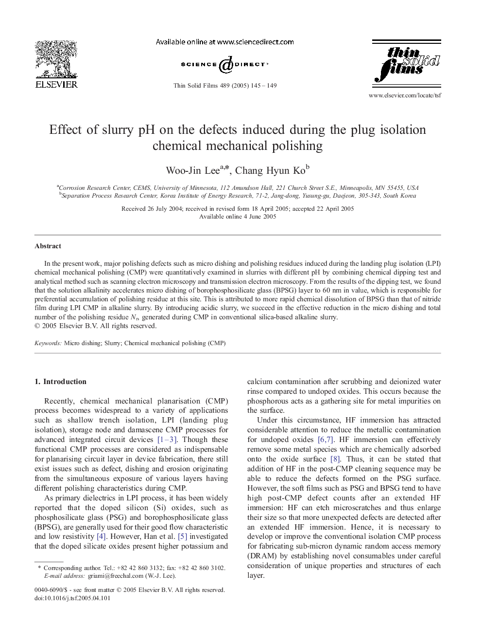 Effect of slurry pH on the defects induced during the plug isolation chemical mechanical polishing