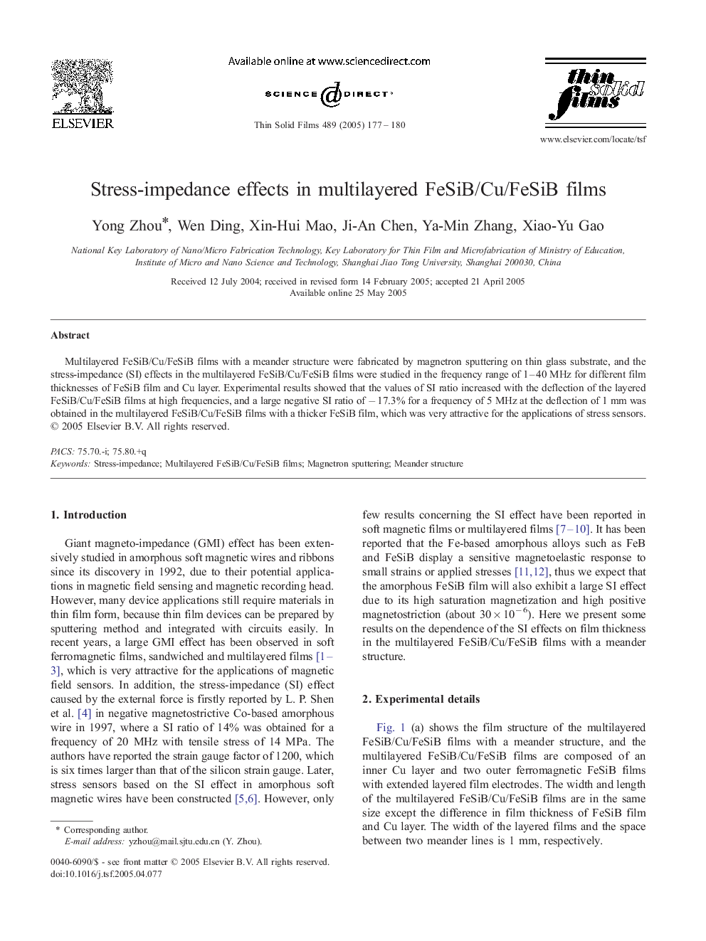 Stress-impedance effects in multilayered FeSiB/Cu/FeSiB films