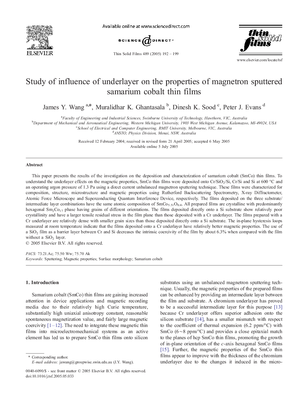 Study of influence of underlayer on the properties of magnetron sputtered samarium cobalt thin films