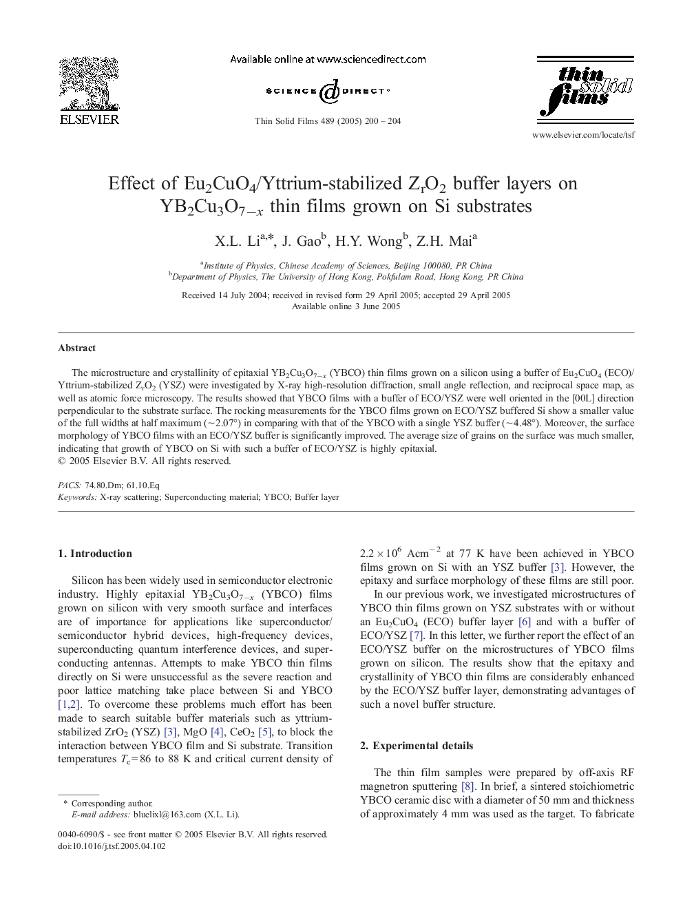 Effect of Eu2CuO4/Yttrium-stabilized ZrO2 buffer layers on YB2Cu3O7âx thin films grown on Si substrates