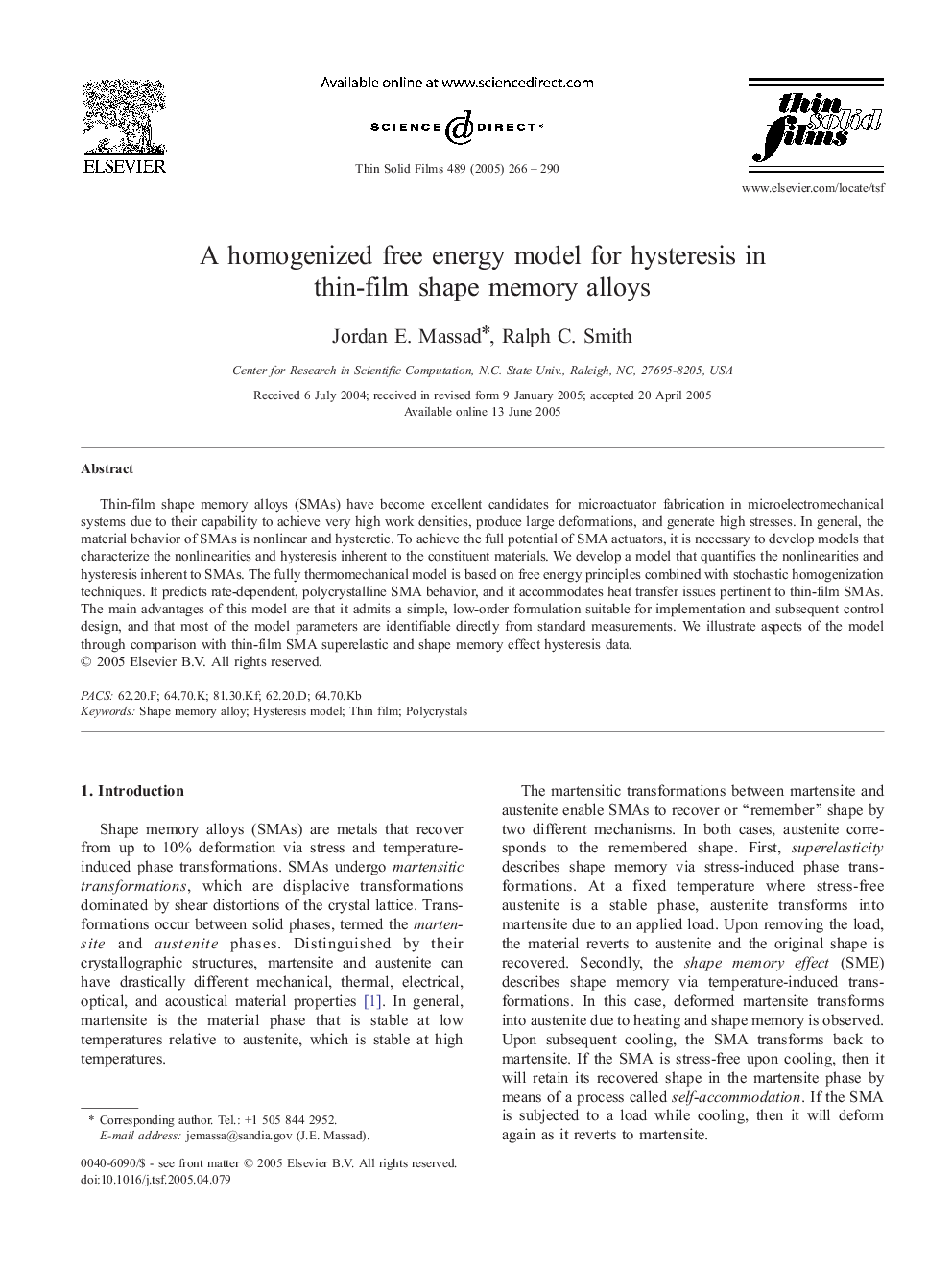 A homogenized free energy model for hysteresis in thin-film shape memory alloys