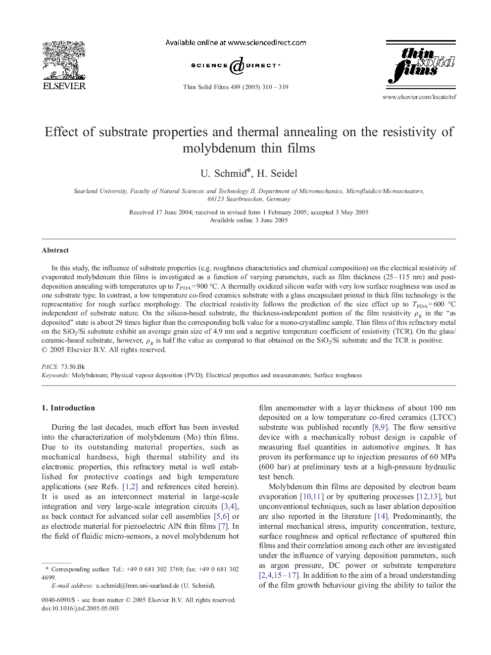 Effect of substrate properties and thermal annealing on the resistivity of molybdenum thin films